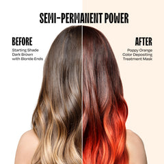 oVertone applying poppy orange mask to dry hair for vibrant deposit benefits