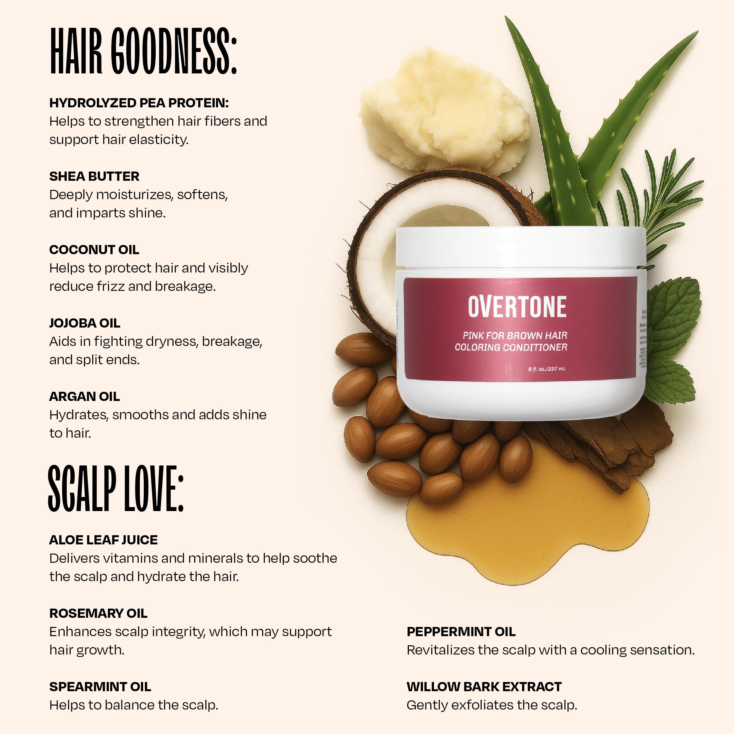 oVertone ingredients panel close-up showing coconut shea avocado oils and nourishing benefit