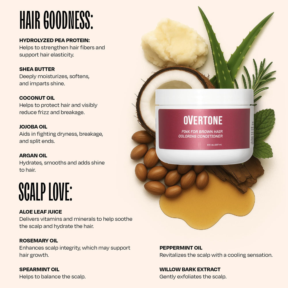 oVertone ingredients panel close-up showing coconut shea avocado oils and nourishing benefit