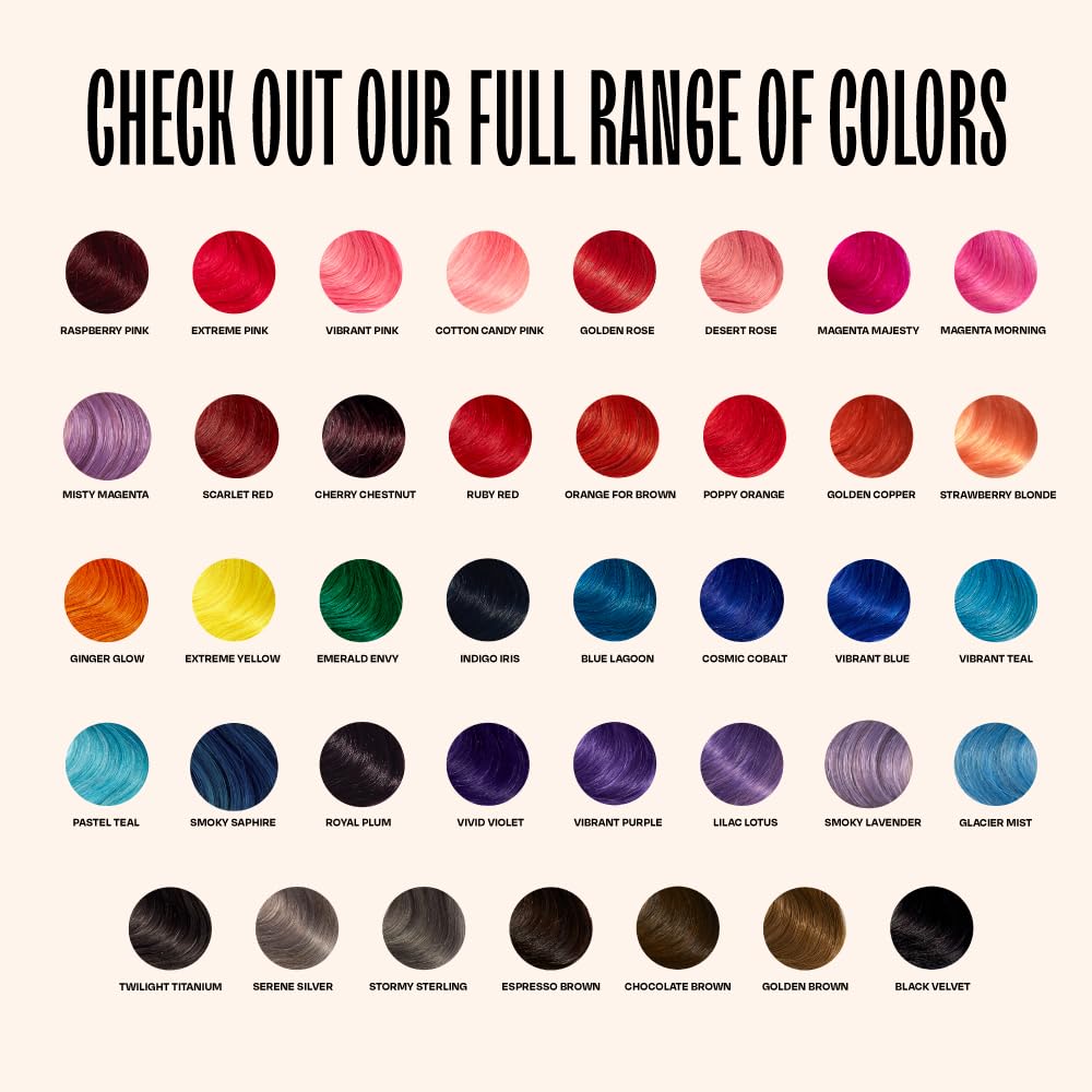 oVertone swatch on dark hair showing vivid raspberry pop and saturated color benefit