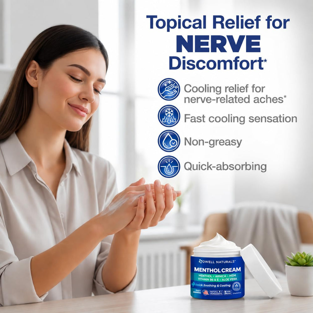 Owell Naturals ingredients display with menthol, aloe, arnica to show natural focus