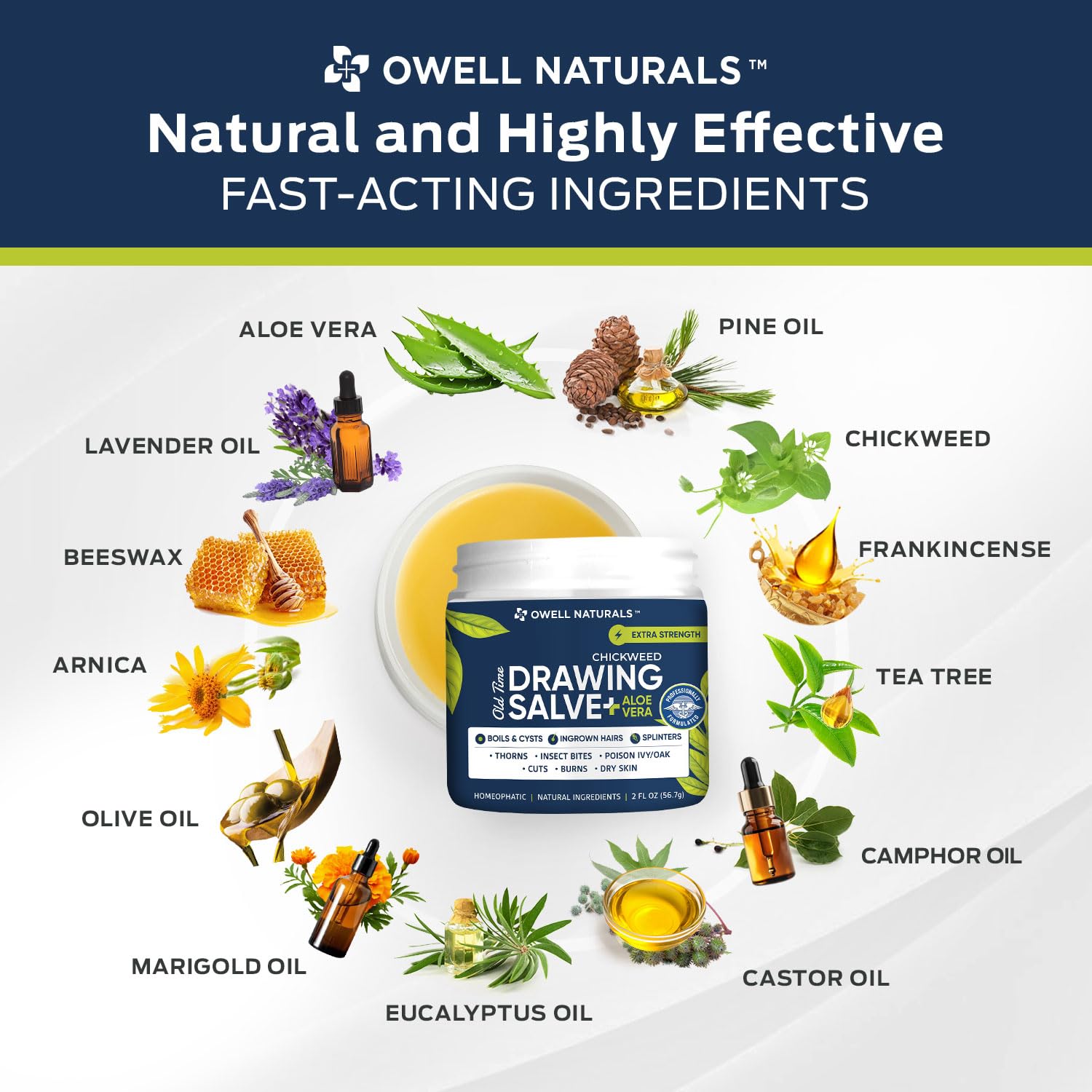 owell naturals botanical ingredients display emphasizing natural soothing benefits