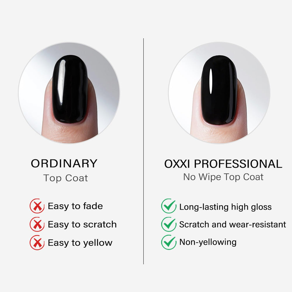 OXXI Professional cured nail swatch displaying mirror-like high gloss durability
