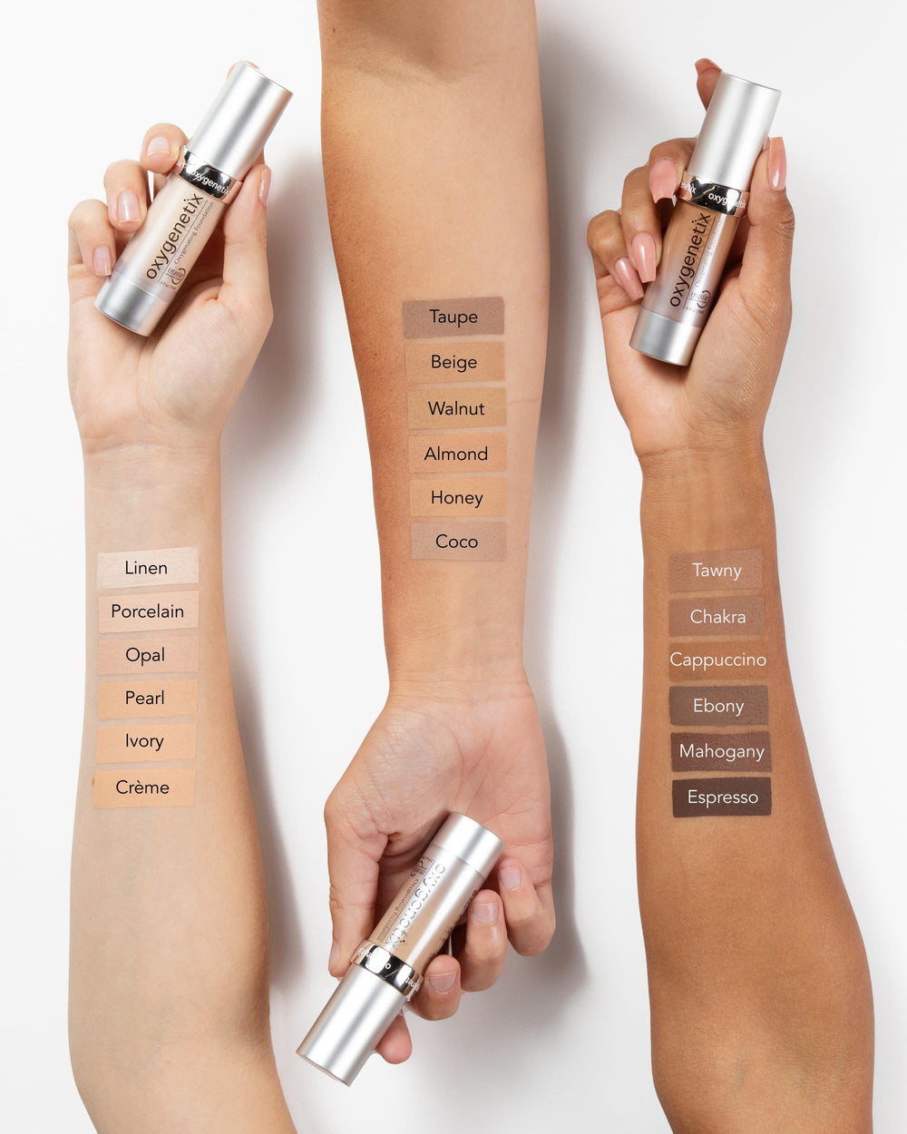 Model wearing Oxygenetix in Beige, camera-ready natural finish for everyday wear