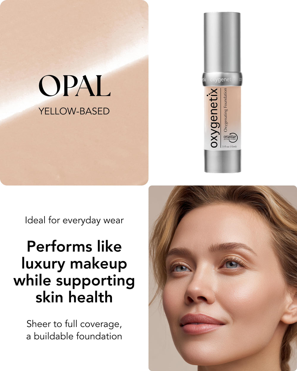 Oxygenetix applied swatch on skin showing Opal’s natural, radiant benefit