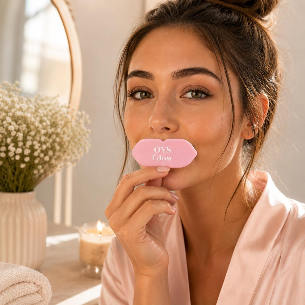 OYS GLOW in-use on a sunbed showing how it shields lips during tanning