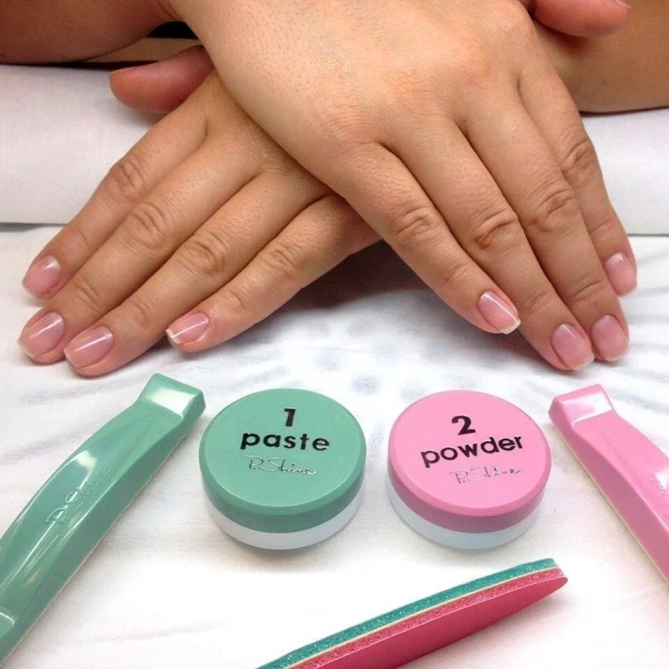 P-Shine application step two powder being applied to seal and protect nails for durability
