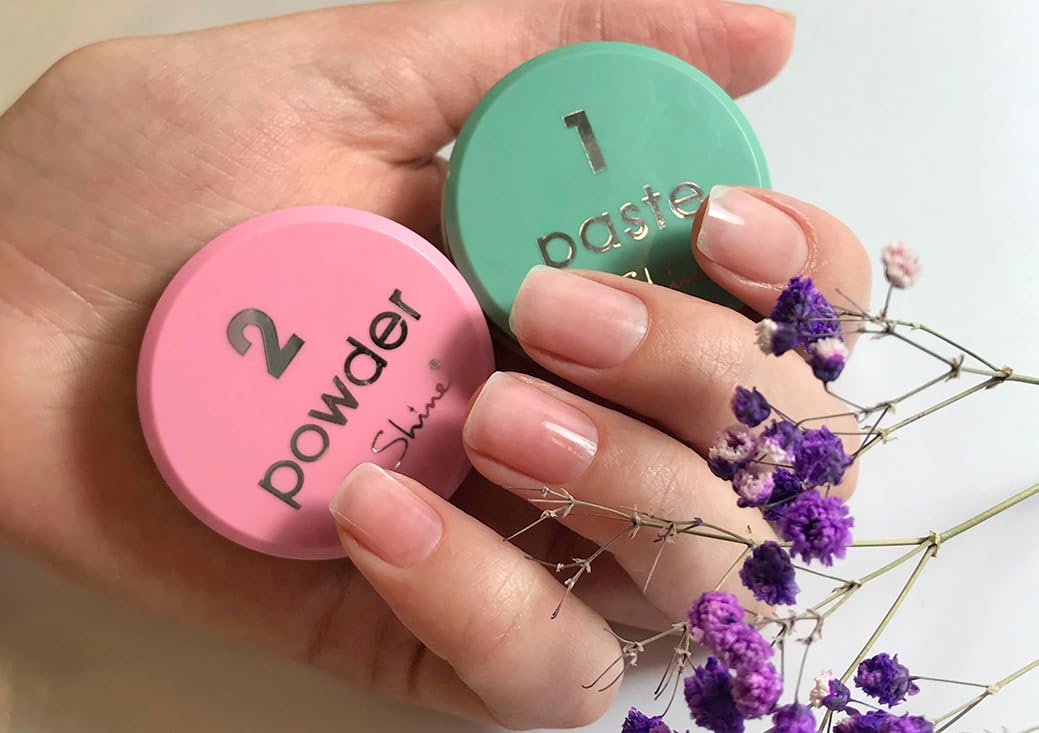 P-Shine pink powder jar closeup showing sealing finish and long-lasting shine benefit