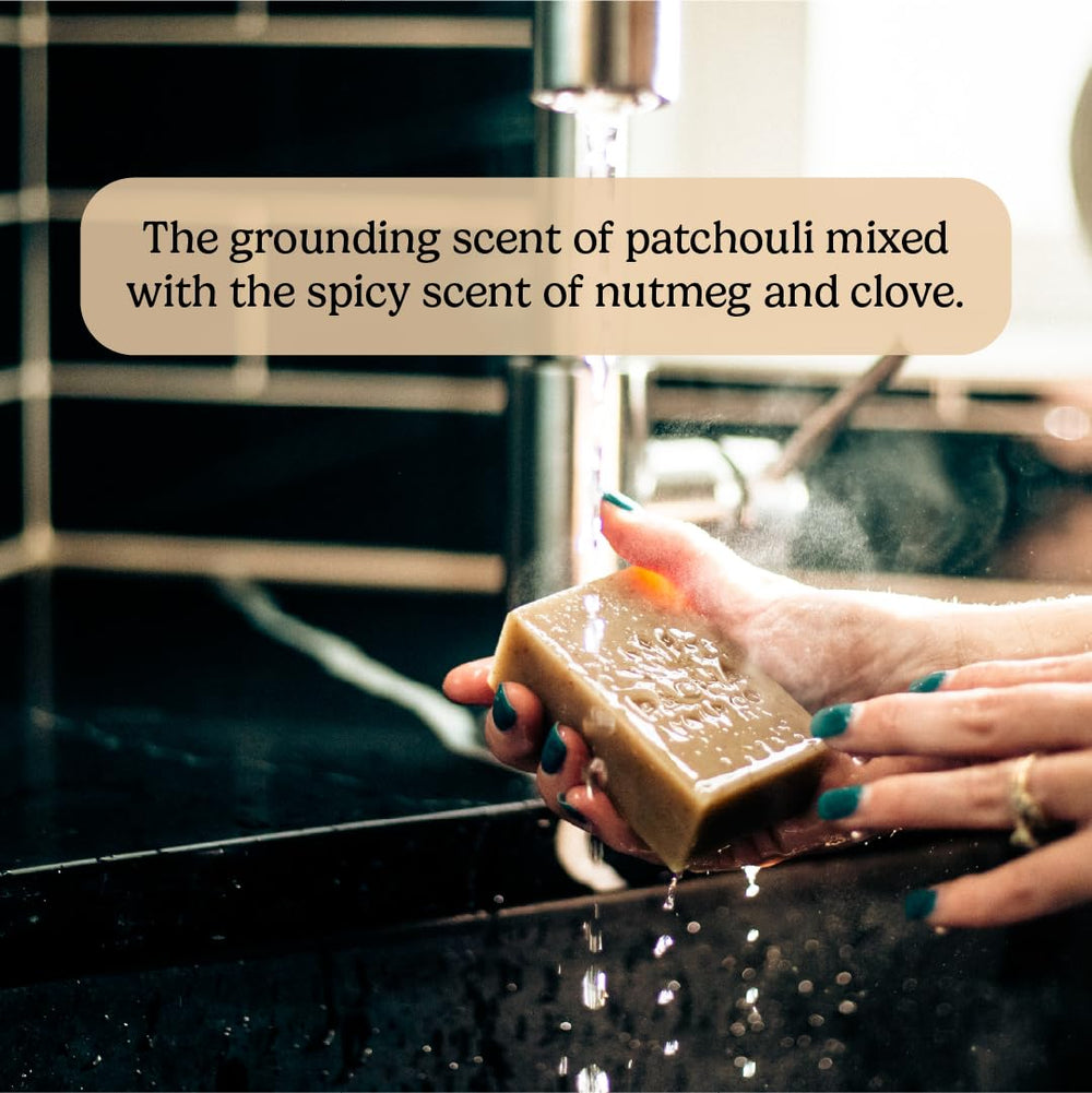 Pacha Soap Co Dirty Hippie three bars on draining soap dish for better longevity
