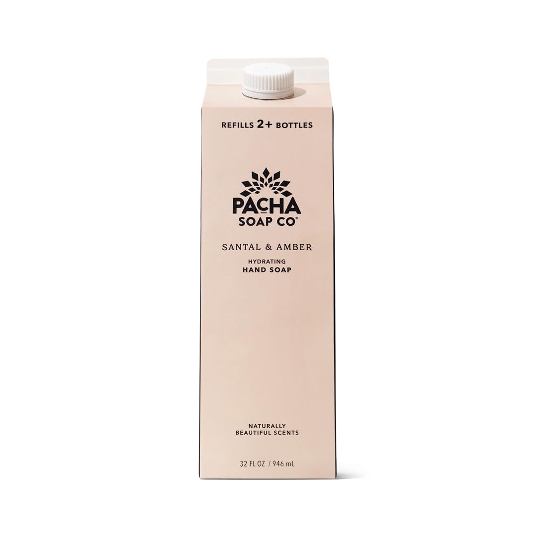 Pacha Soap Co front view of 32 fl oz santal amber refill pouch showing packaging benefit