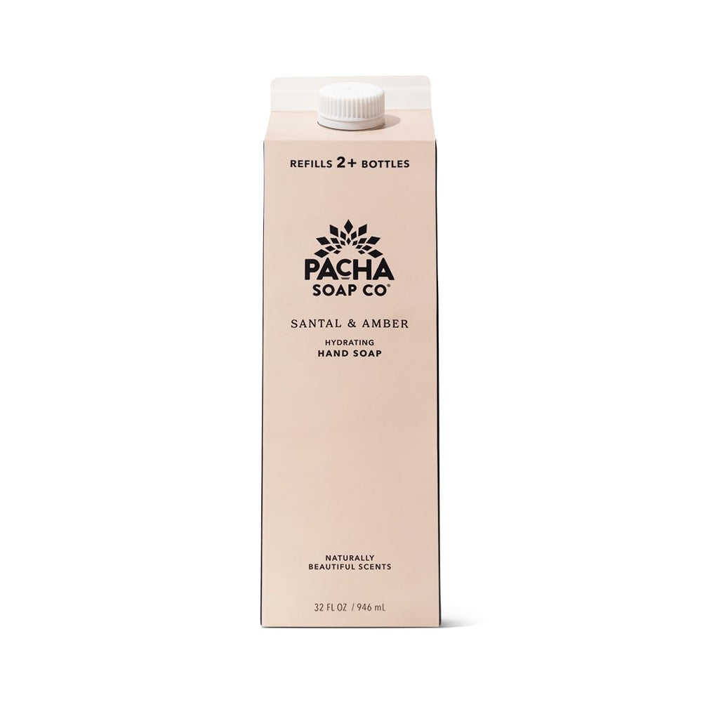 Pacha Soap Co front view of 32 fl oz santal amber refill pouch showing packaging benefit