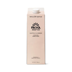Pacha Soap Co front view of 32 fl oz santal amber refill pouch showing packaging benefit