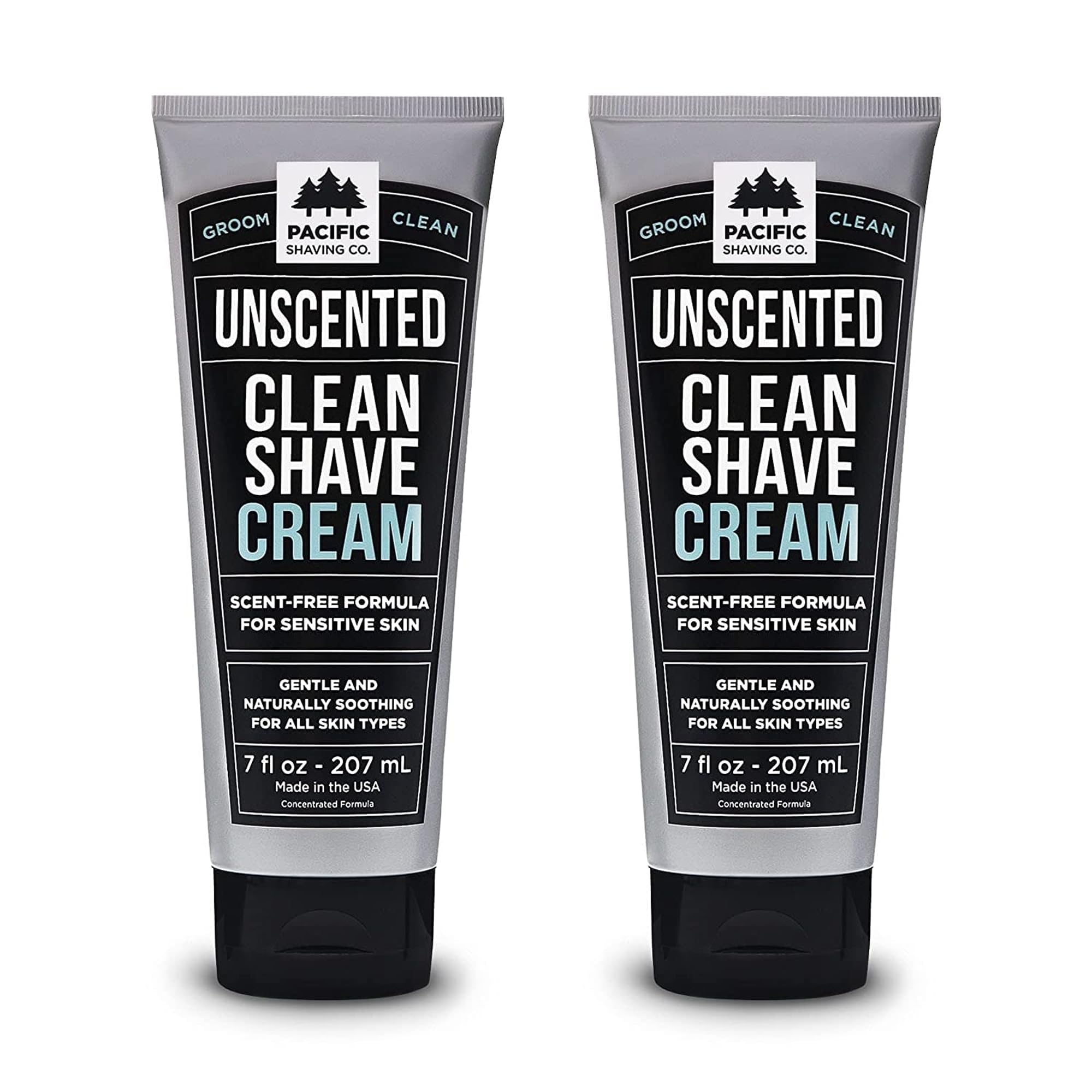 Pacific Shaving Company front view of two 7 oz tubes showing packaging and unscented benefit