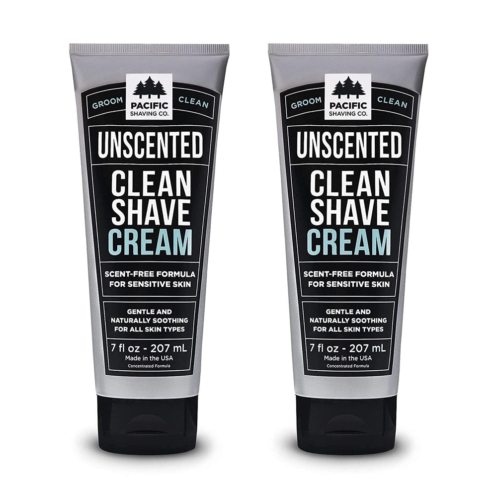 Pacific Shaving Company front view of two 7 oz tubes showing packaging and unscented benefit