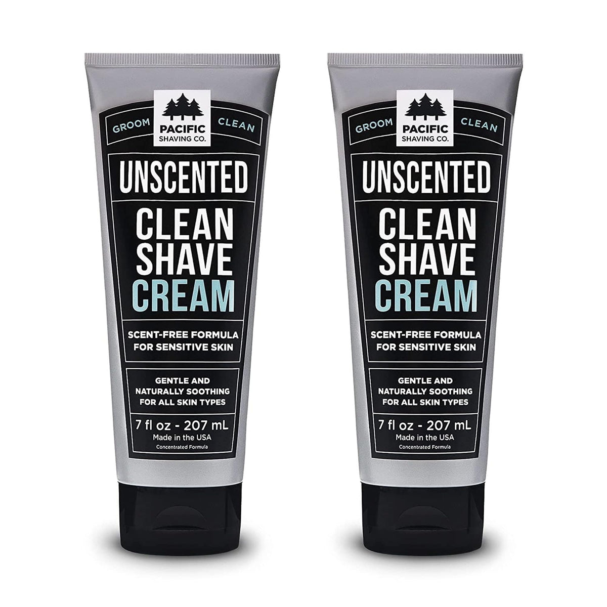 Pacific Shaving Company front view of two 7 oz tubes showing packaging and unscented benefit