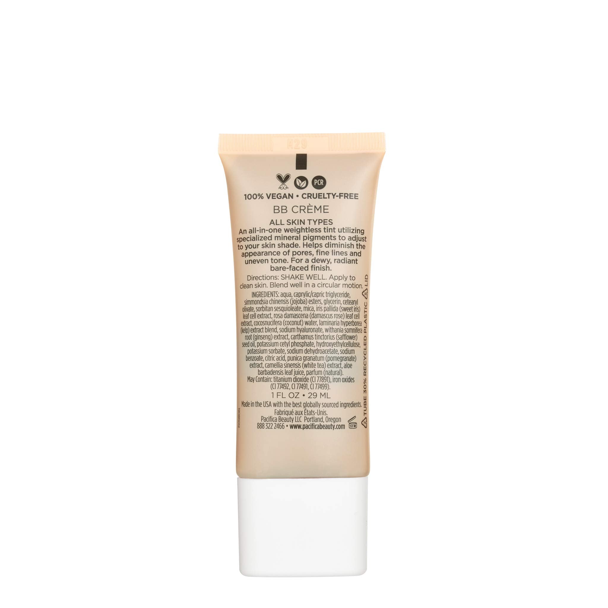 Pacifica Alight BB Cream close-up label highlighting ingredient list and benefits