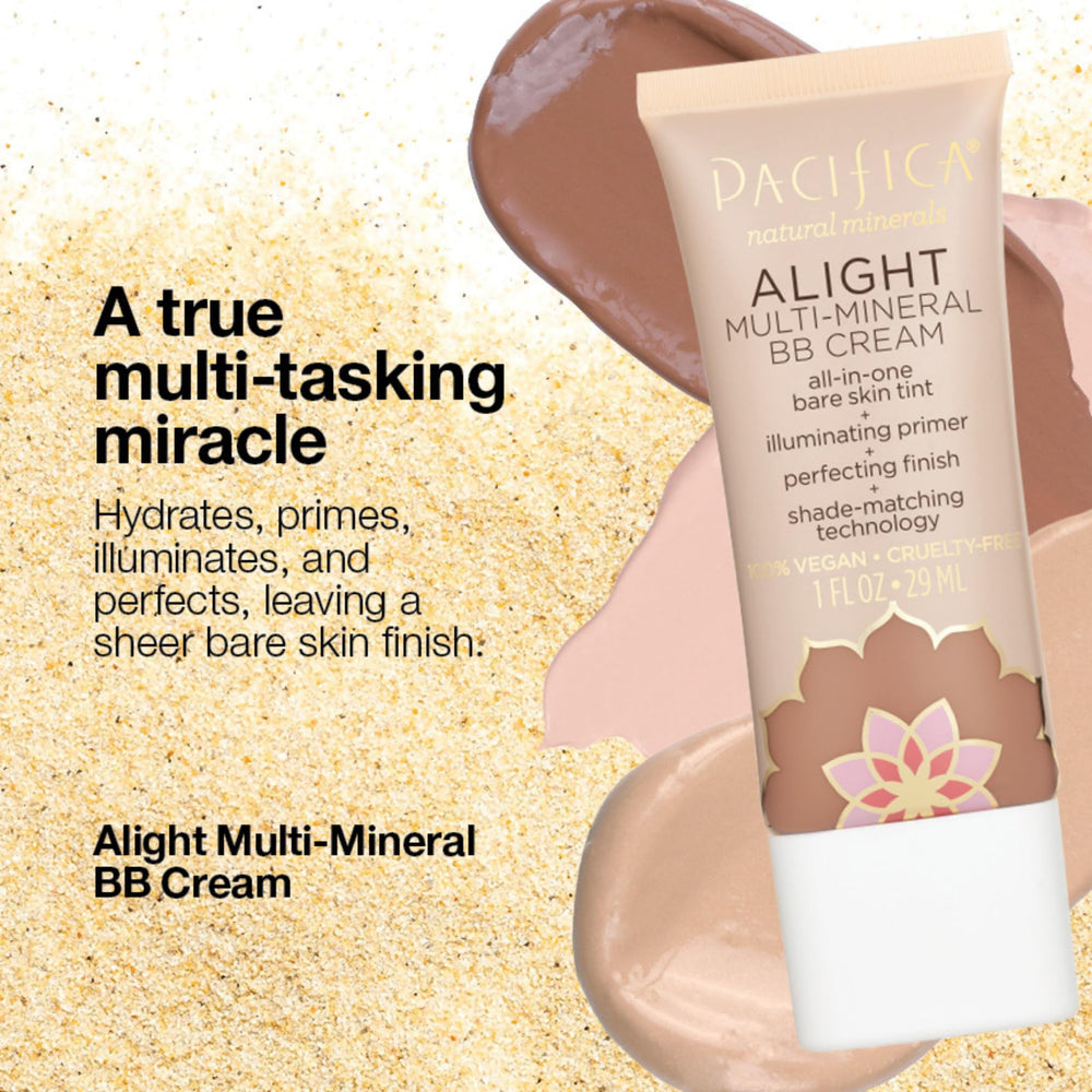 Pacifica applying BB cream with brush showing seamless layering benefit