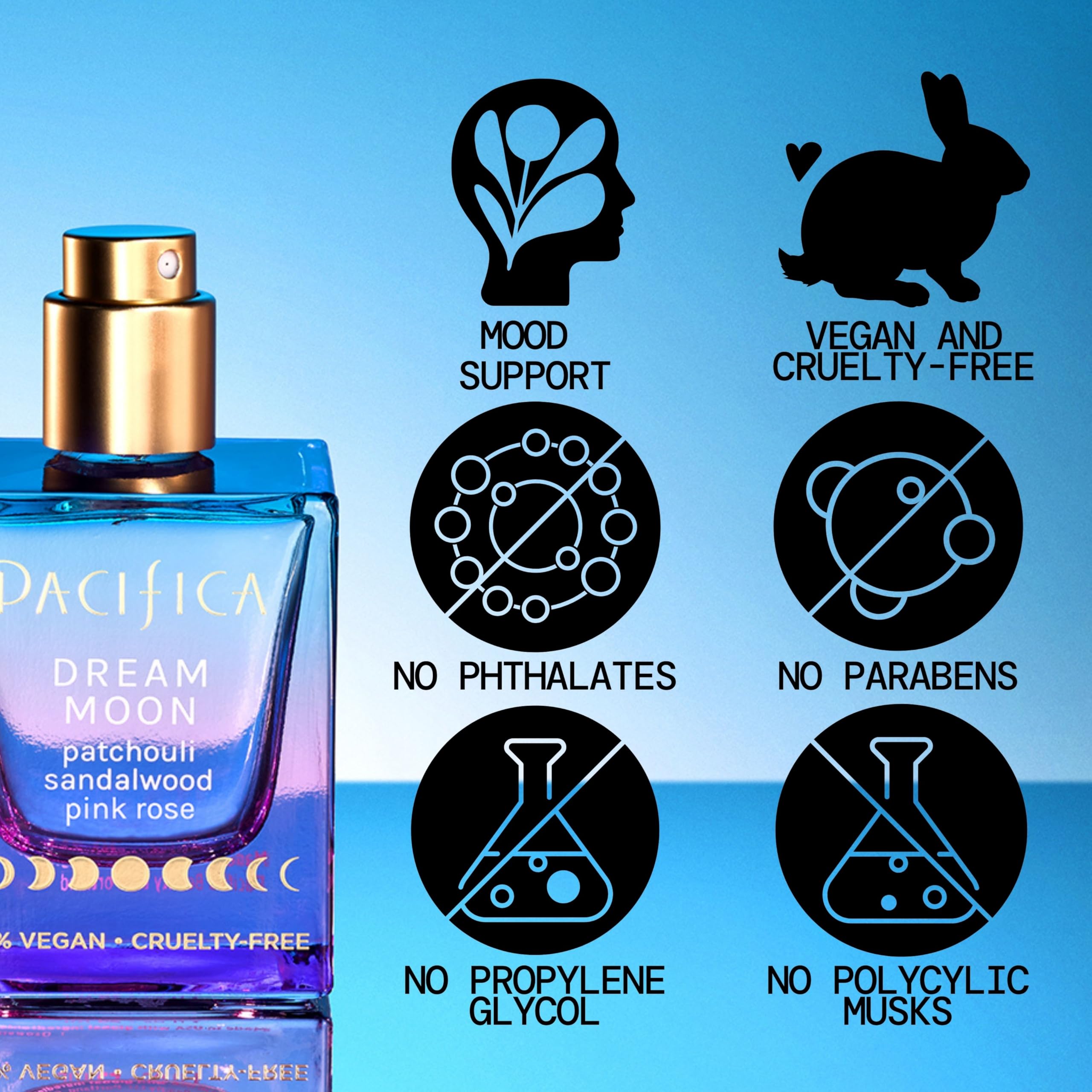 Close-up of Pacifica Dream Moon ingredient list emphasizing natural oils and safety benefit