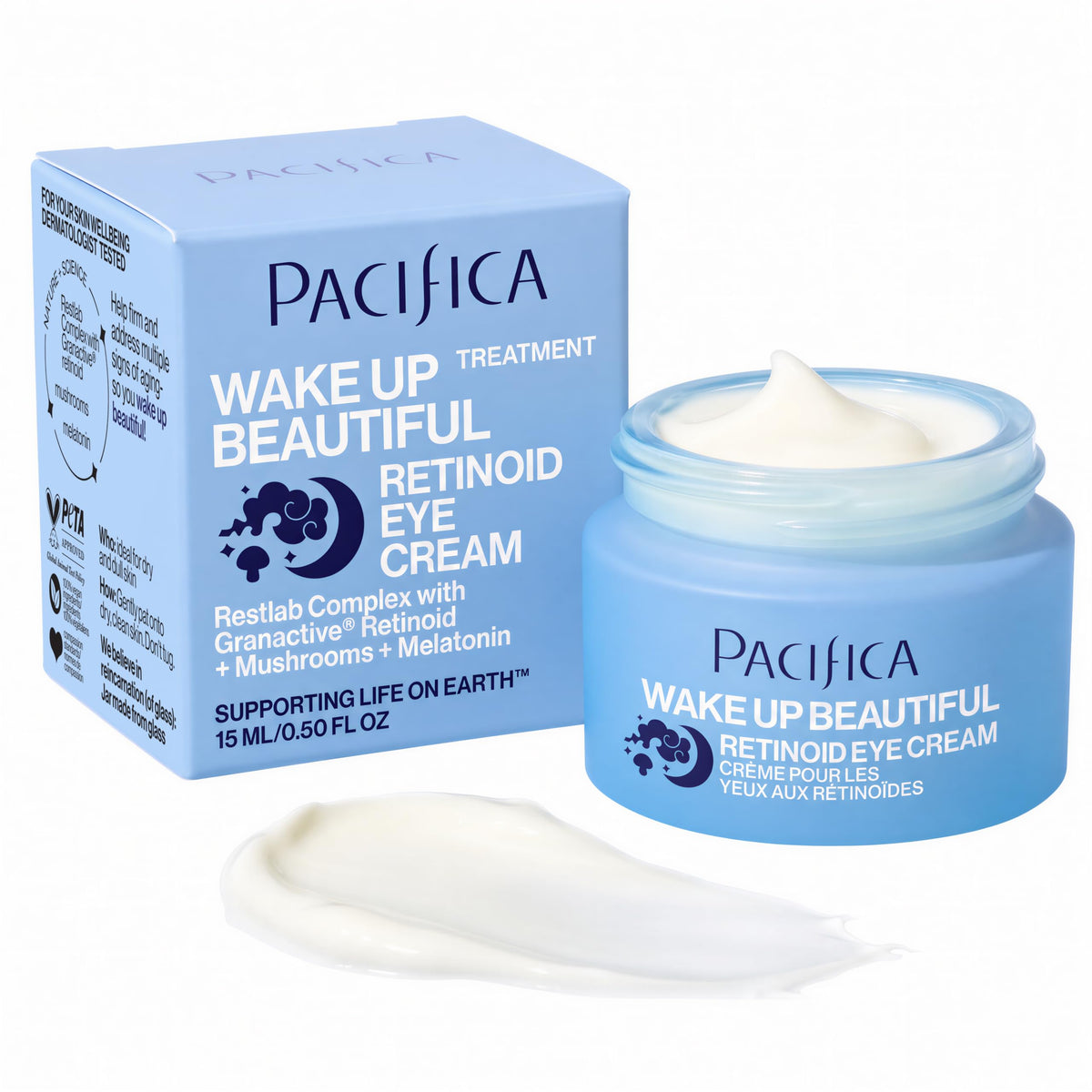 Pacifica eye cream front view showing sleek jar and brand for shelf appeal