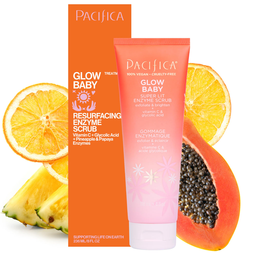 Pacifica front packaging shows Glow Baby scrub and clear product identity
