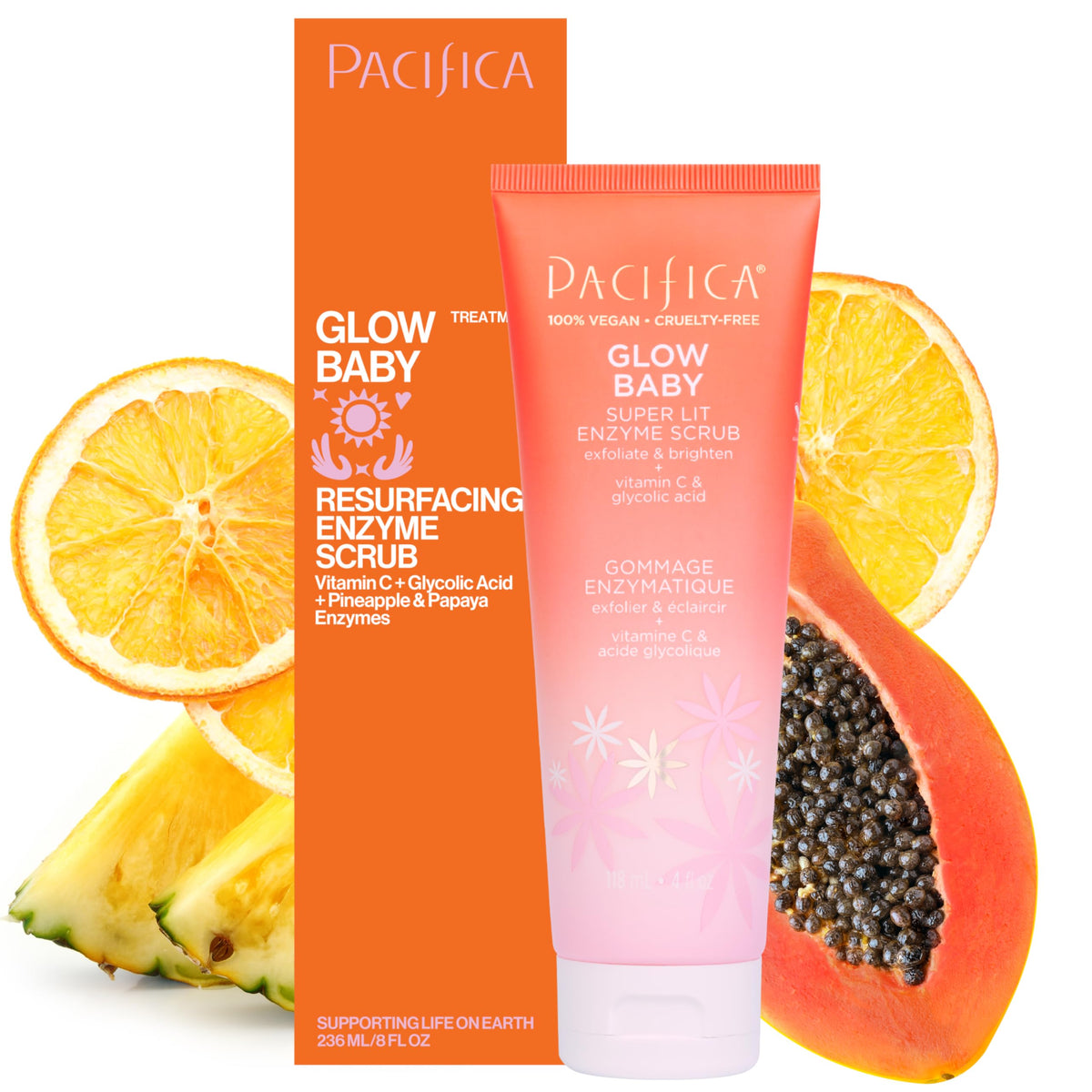 Pacifica front packaging shows Glow Baby scrub and clear product identity