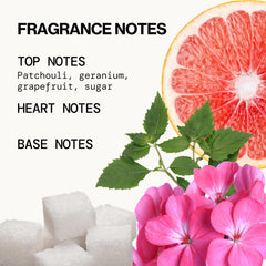 Pacifica ingredient display of grapefruit, geranium and patchouli for natural aroma