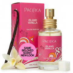 Pacifica Island Vanilla front bottle showing sleek travel-friendly design and pretty label, ideal for gifting