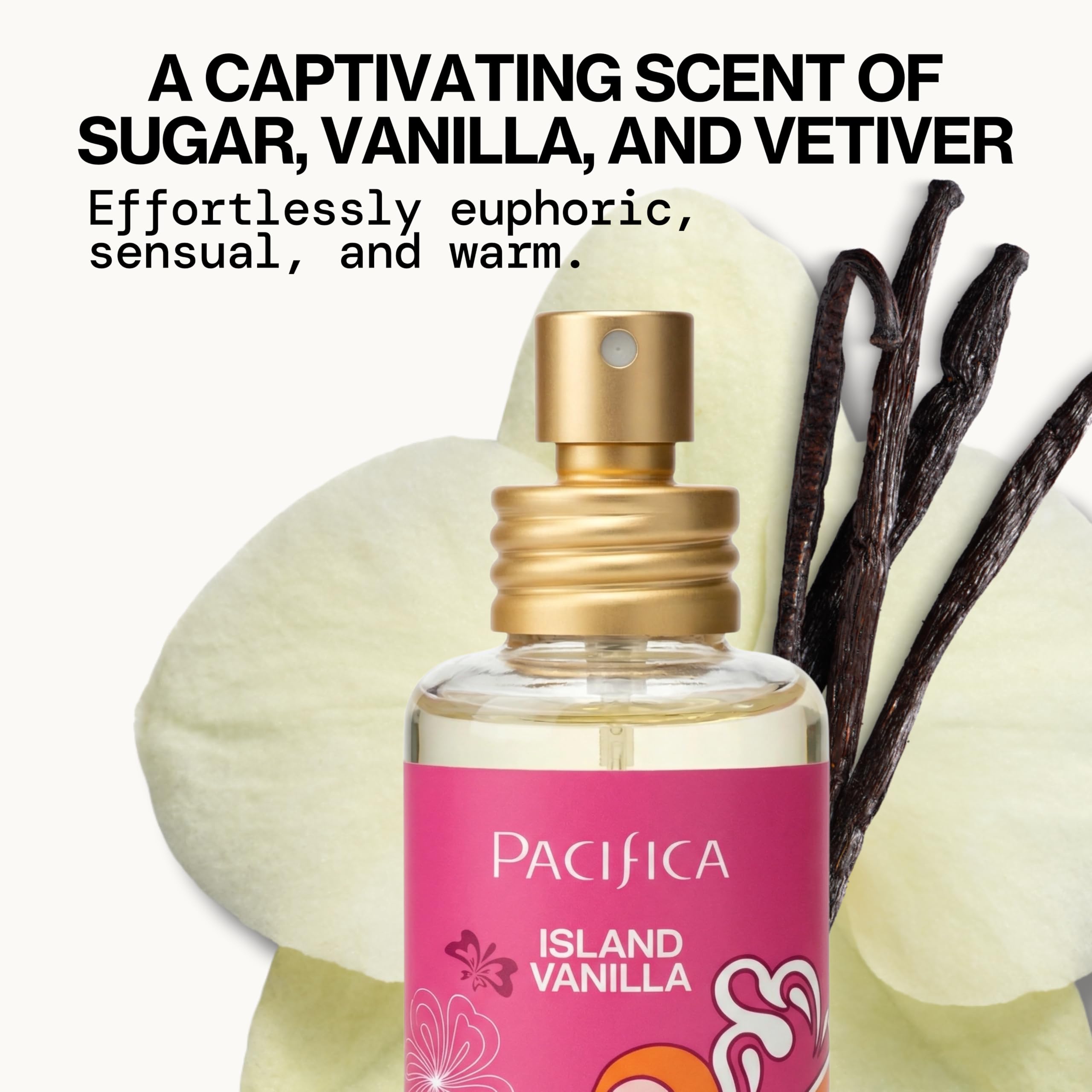 Pacifica Island Vanilla side label detail highlighting ingredient list and clean-beauty credentials for safe use