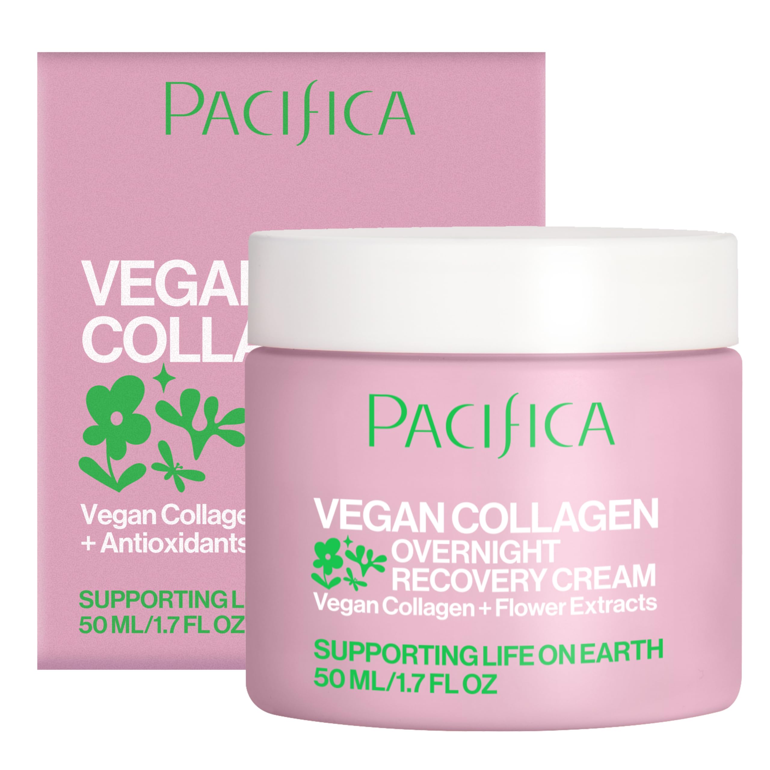 Pacifica front jar showing clean vegan collagen night cream for nightly hydration
