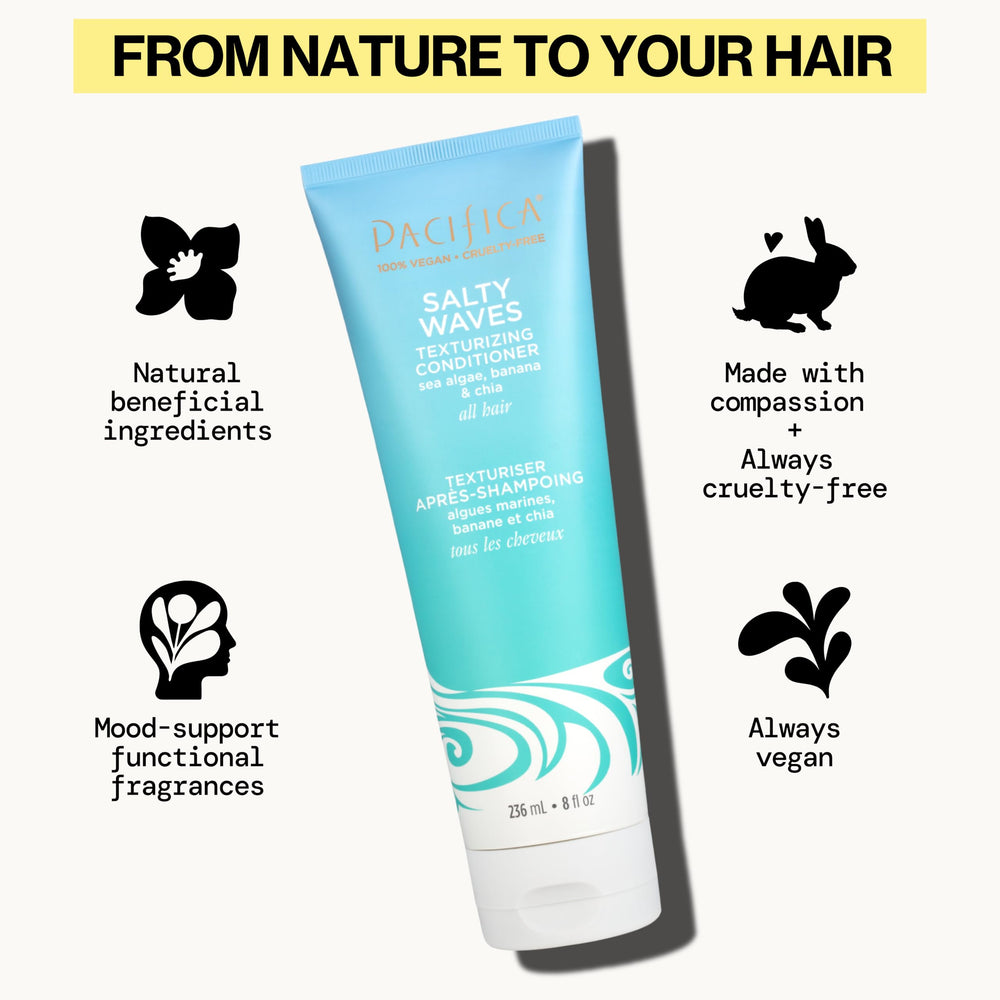 Dry hair with Pacifica showing tousled, beachy waves and volume