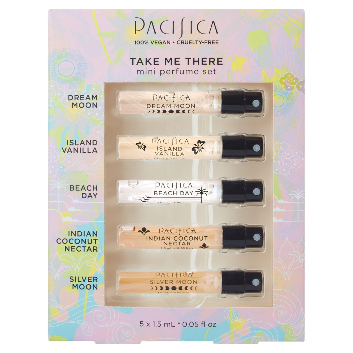 Pacifica Take Me There front packaging showing all five travel sprays and benefits