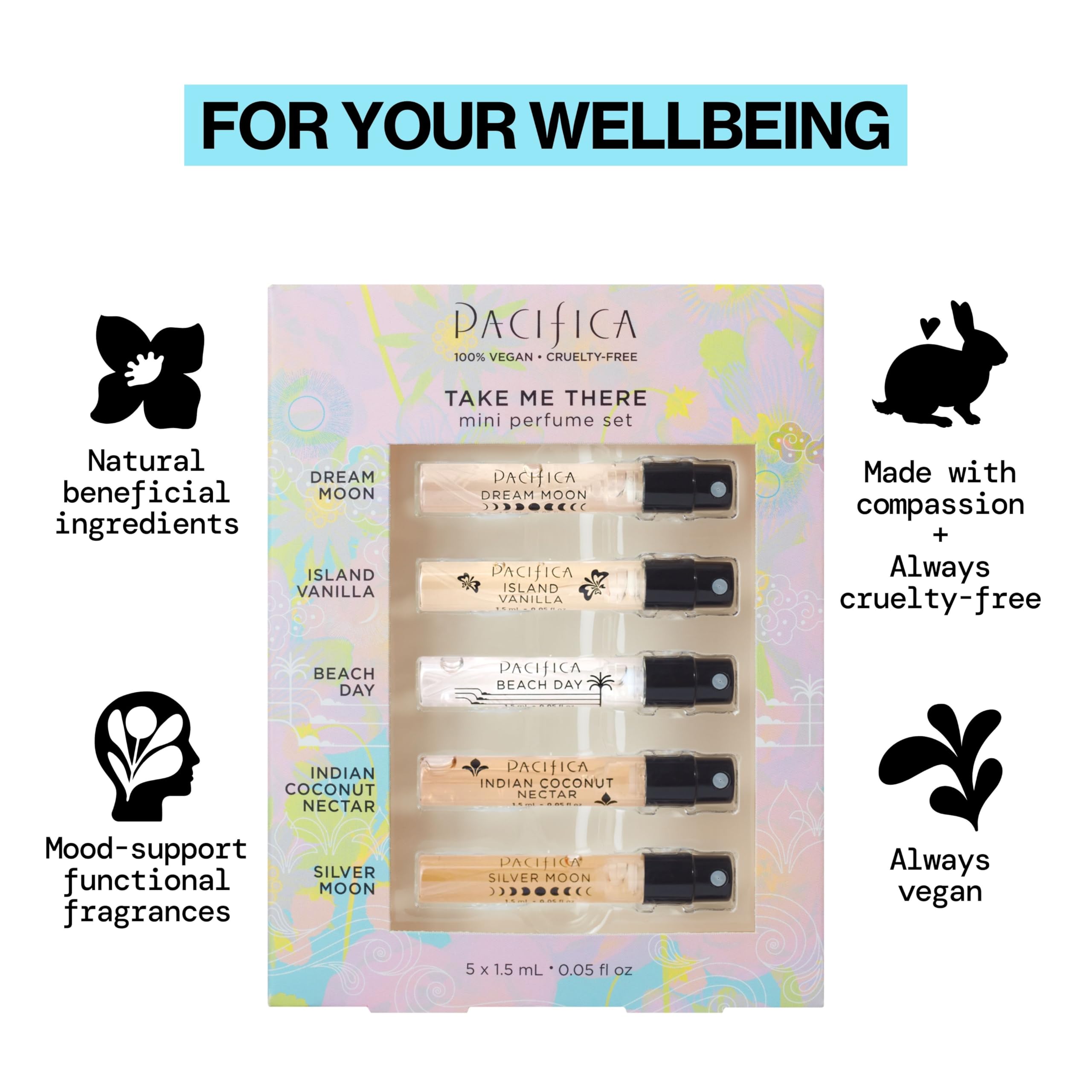Group shot of five Pacifica travel sprays highlighting convenient portability
