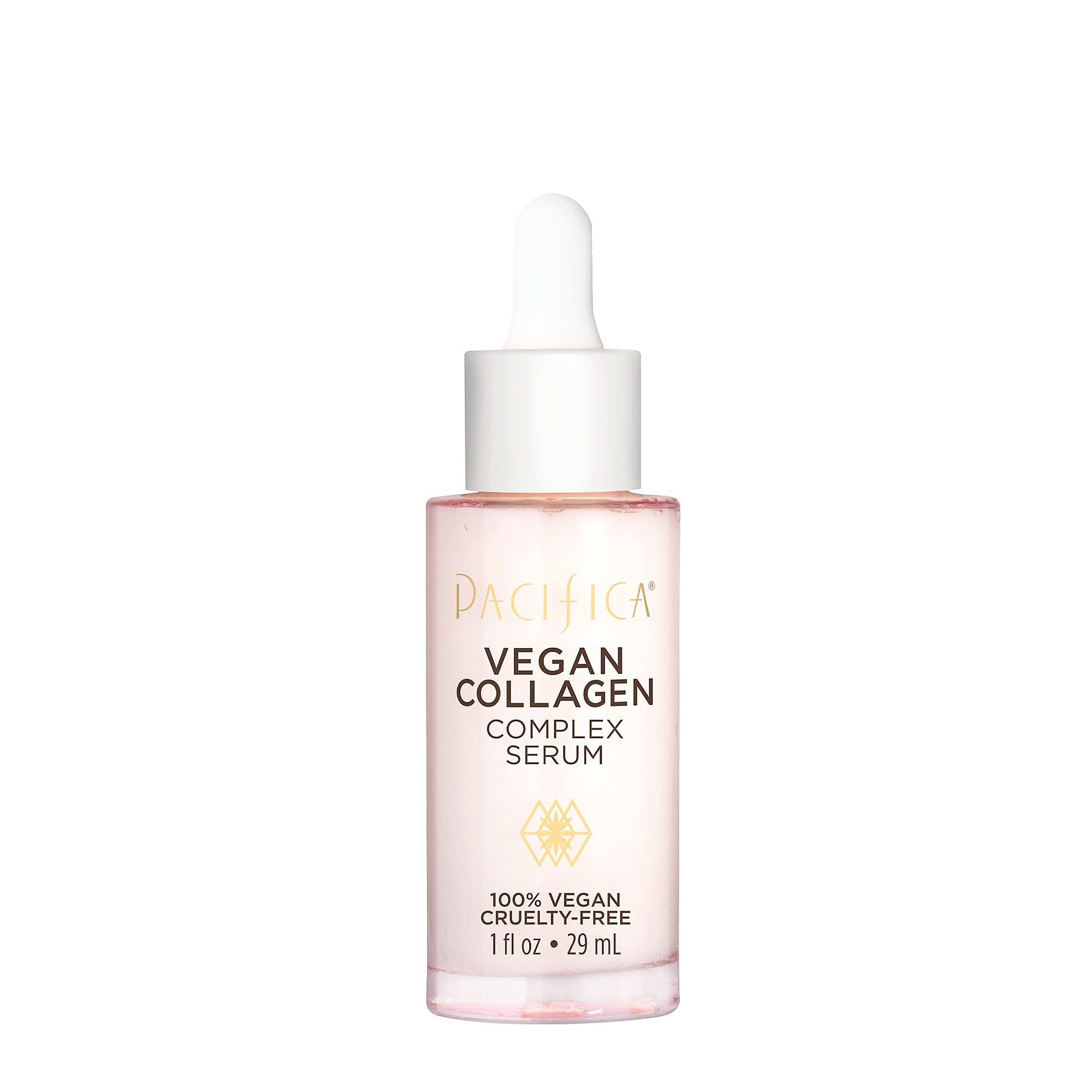 Pacifica bottle front view showing clean vegan collagen serum, promotes hydration