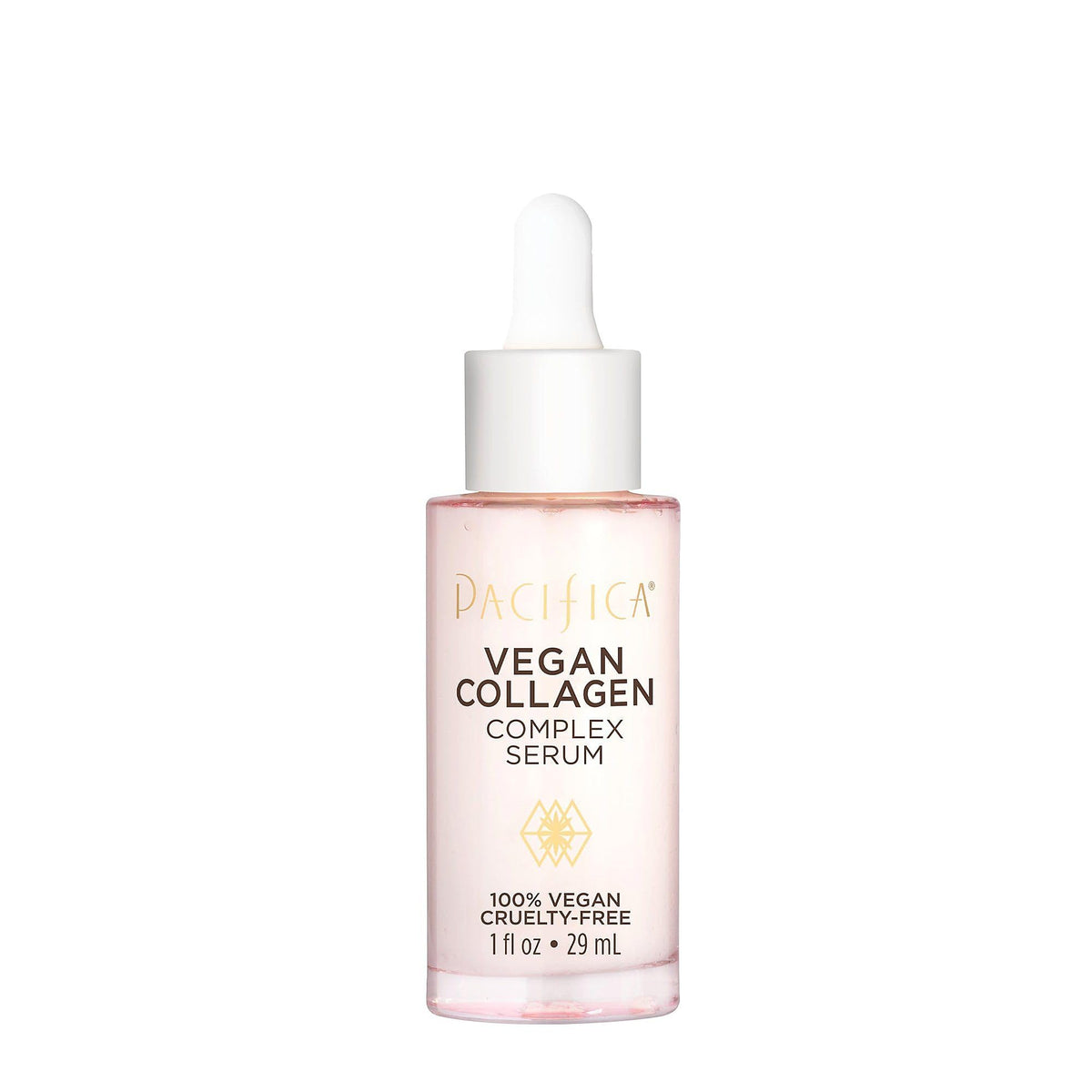 Pacifica bottle front view showing clean vegan collagen serum, promotes hydration