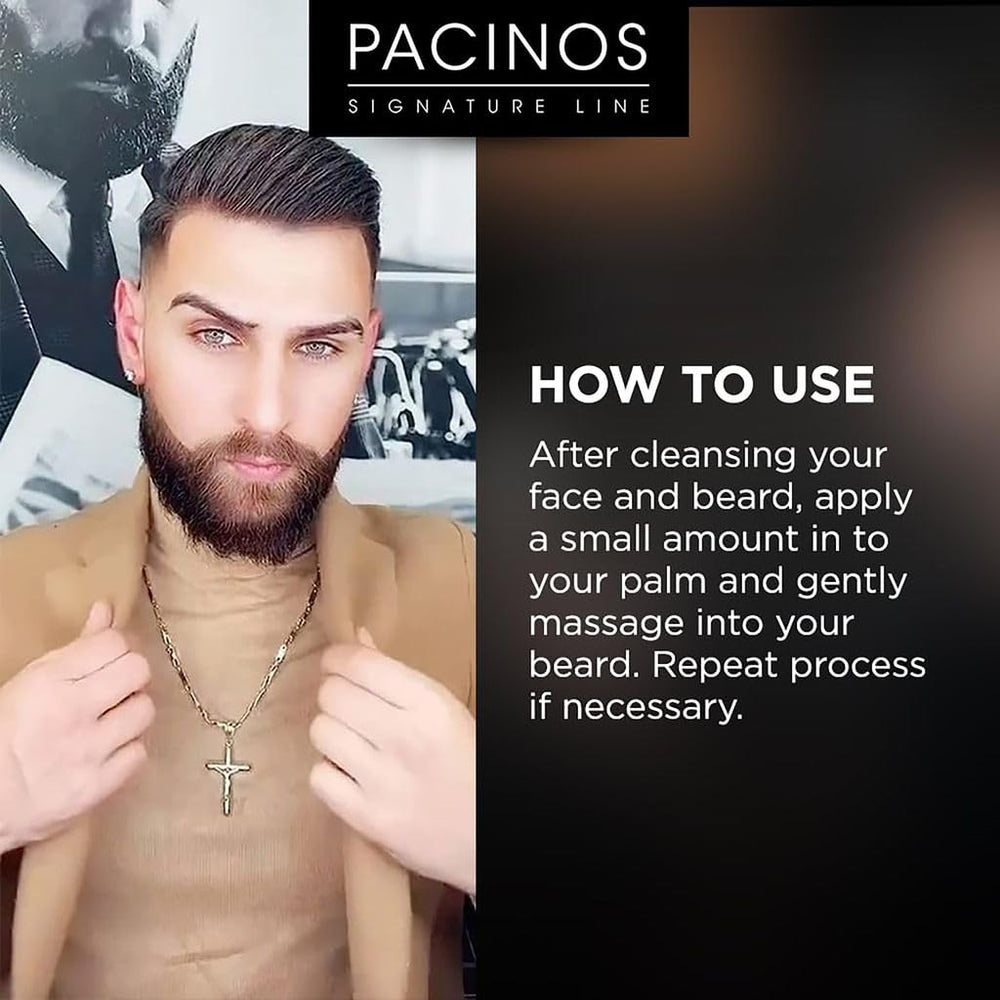 Man applying Pacinos beard oil to beard demonstrating smoother, conditioned result