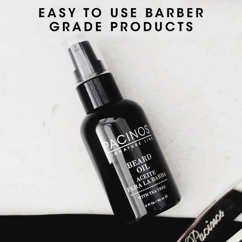 Pacinos beard oil on barber counter among tools showing professional-grade grooming benefit