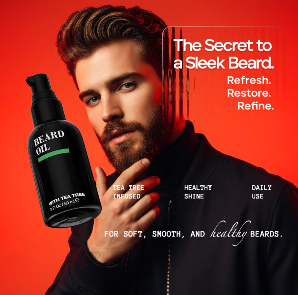 Side-by-side before and after with Pacinos beard oil showing reduced frizz benefit