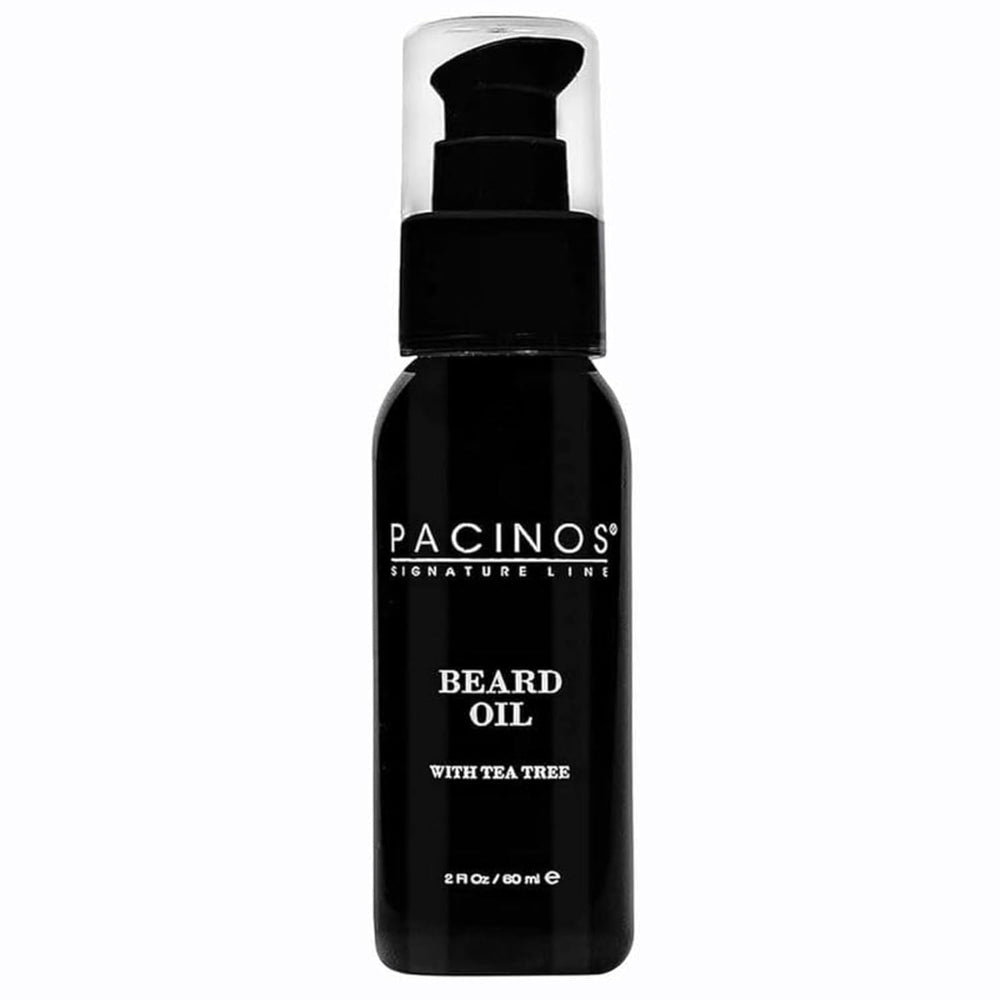 Pacinos beard oil front bottle image showing sleek packaging and easy dispensing benefit