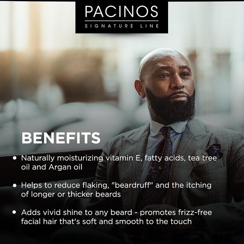 Pacinos beard oil open dropper showing product clarity and precise application benefit