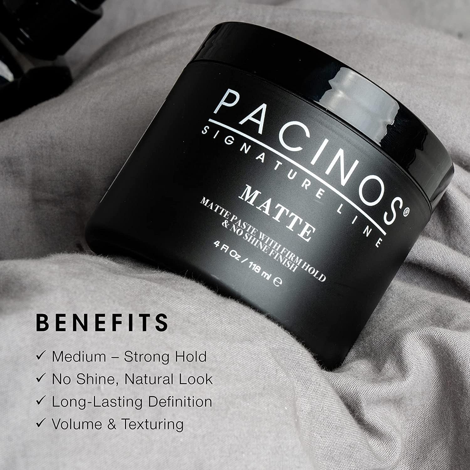Man styling short hair with Pacinos paste achieving textured, natural-looking hold