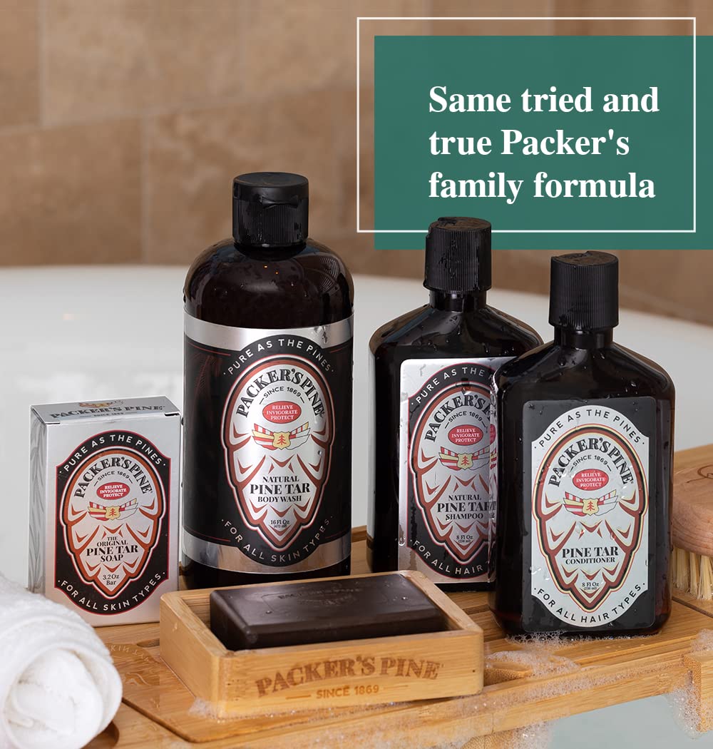Packer's Pine soap by outdoor sink conveying woodsy scent and travel benefit