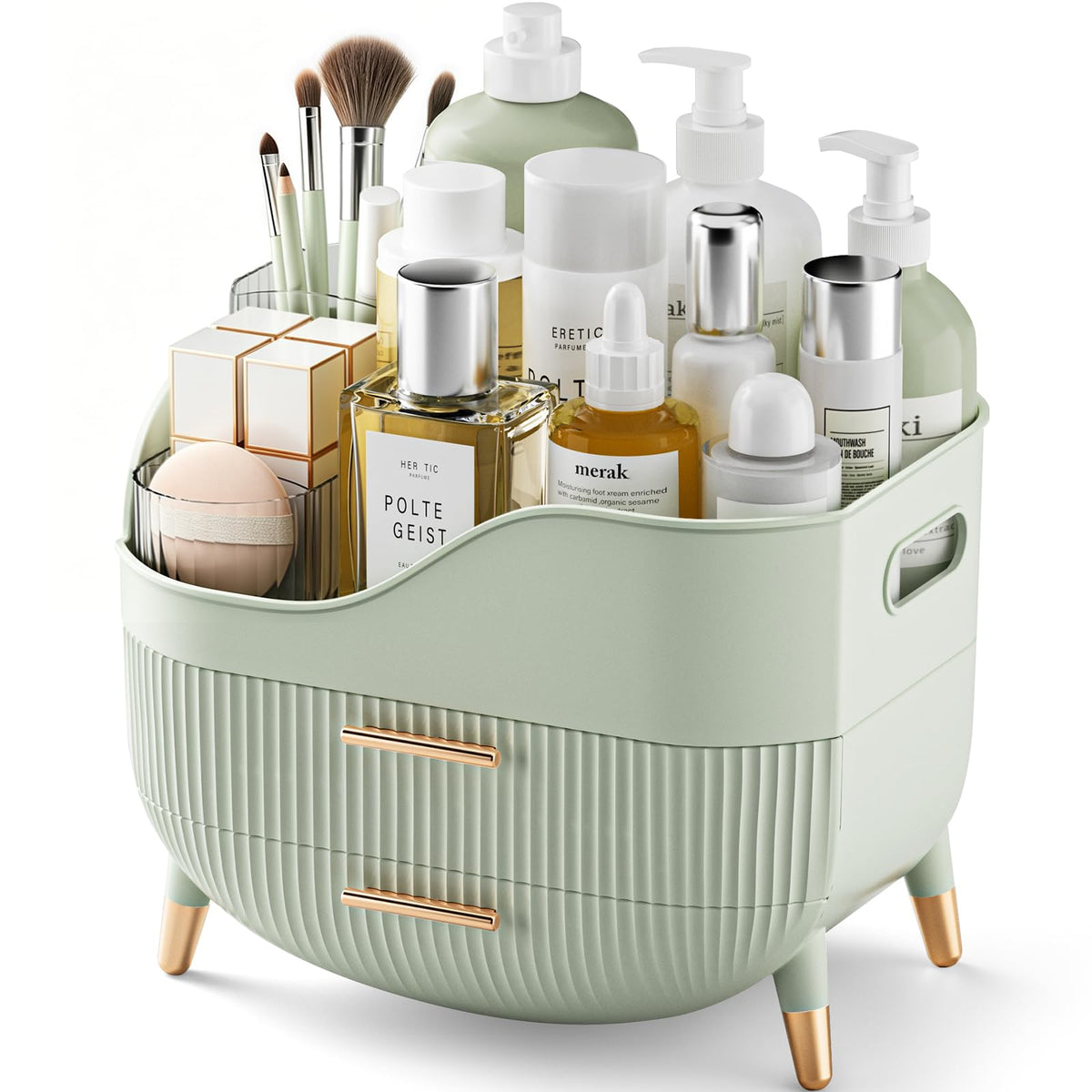 Pajiriona front view on vanity showing organized cosmetics and neat display