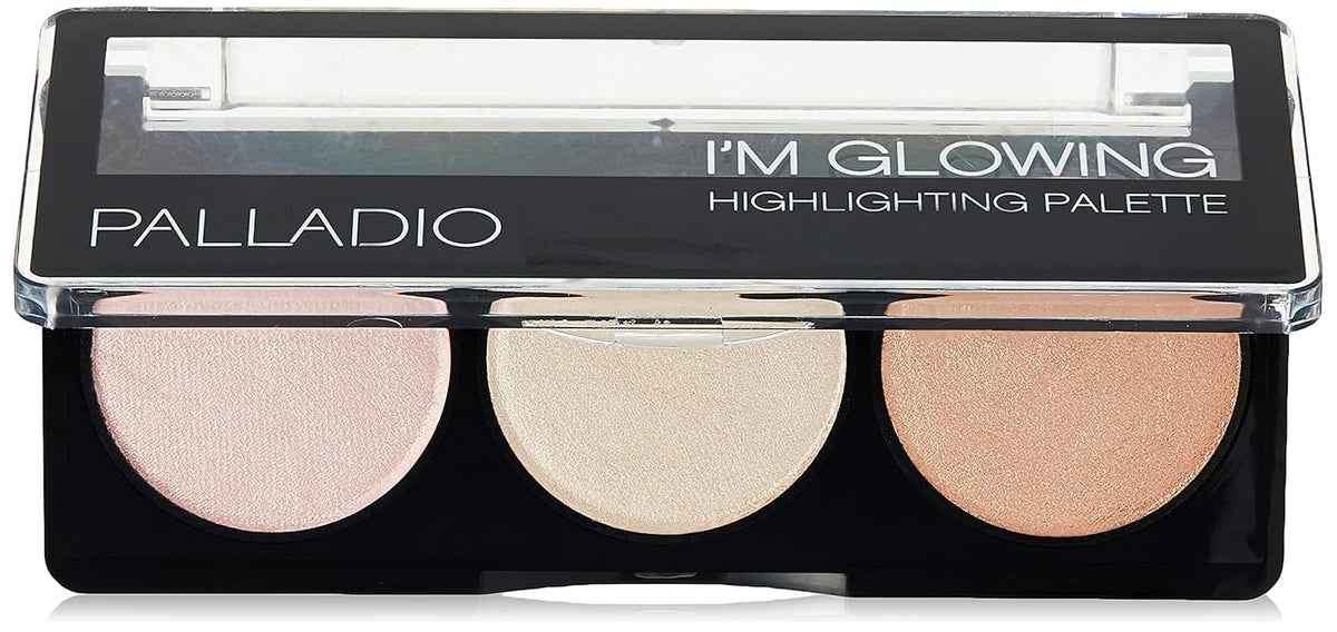 Palladio palette front view showing three neutral shimmer shades and compact case benefit glow