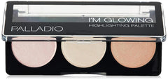 Palladio palette front view showing three neutral shimmer shades and compact case benefit glow