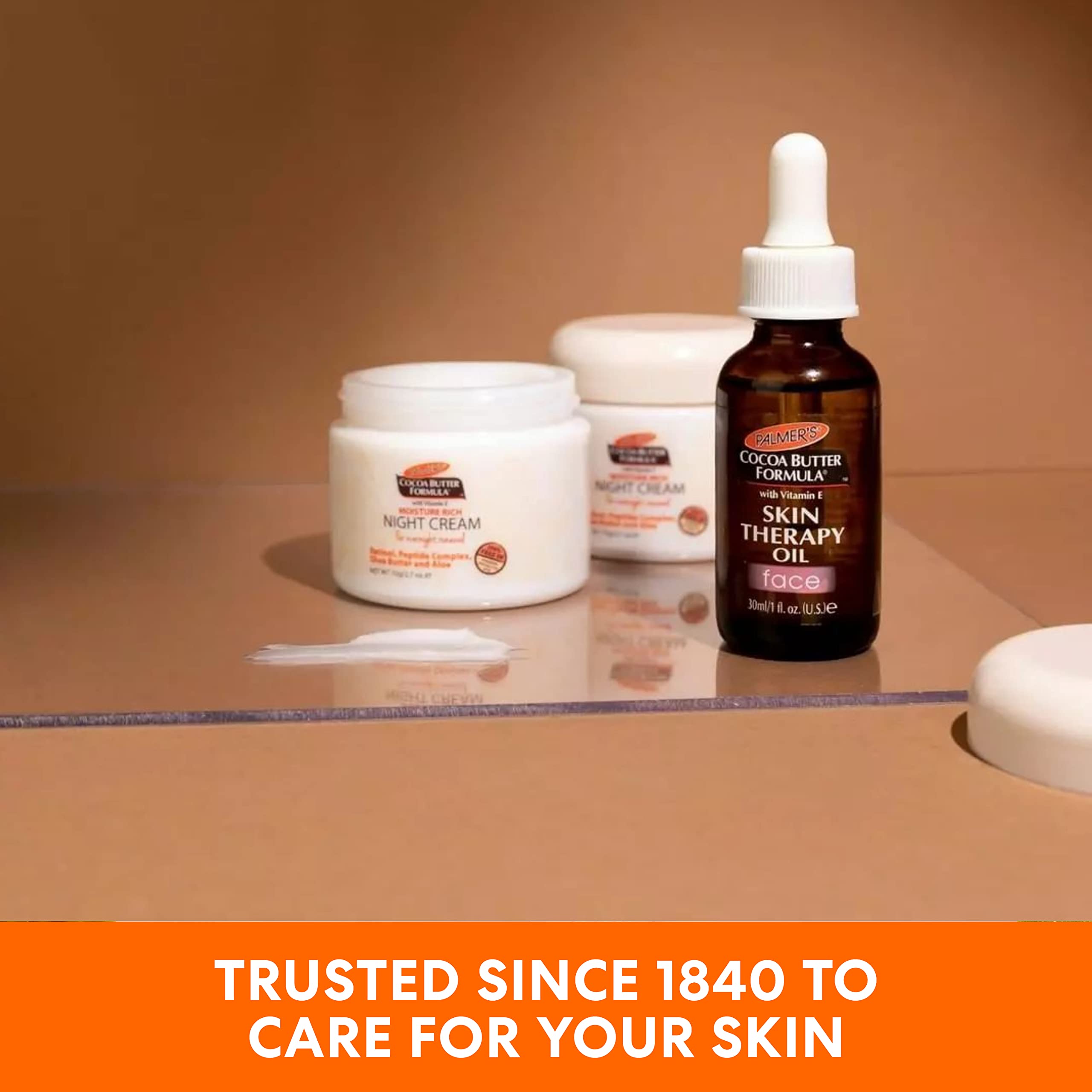 Palmer's jar on bathroom shelf in nighttime routine setting for radiant skin