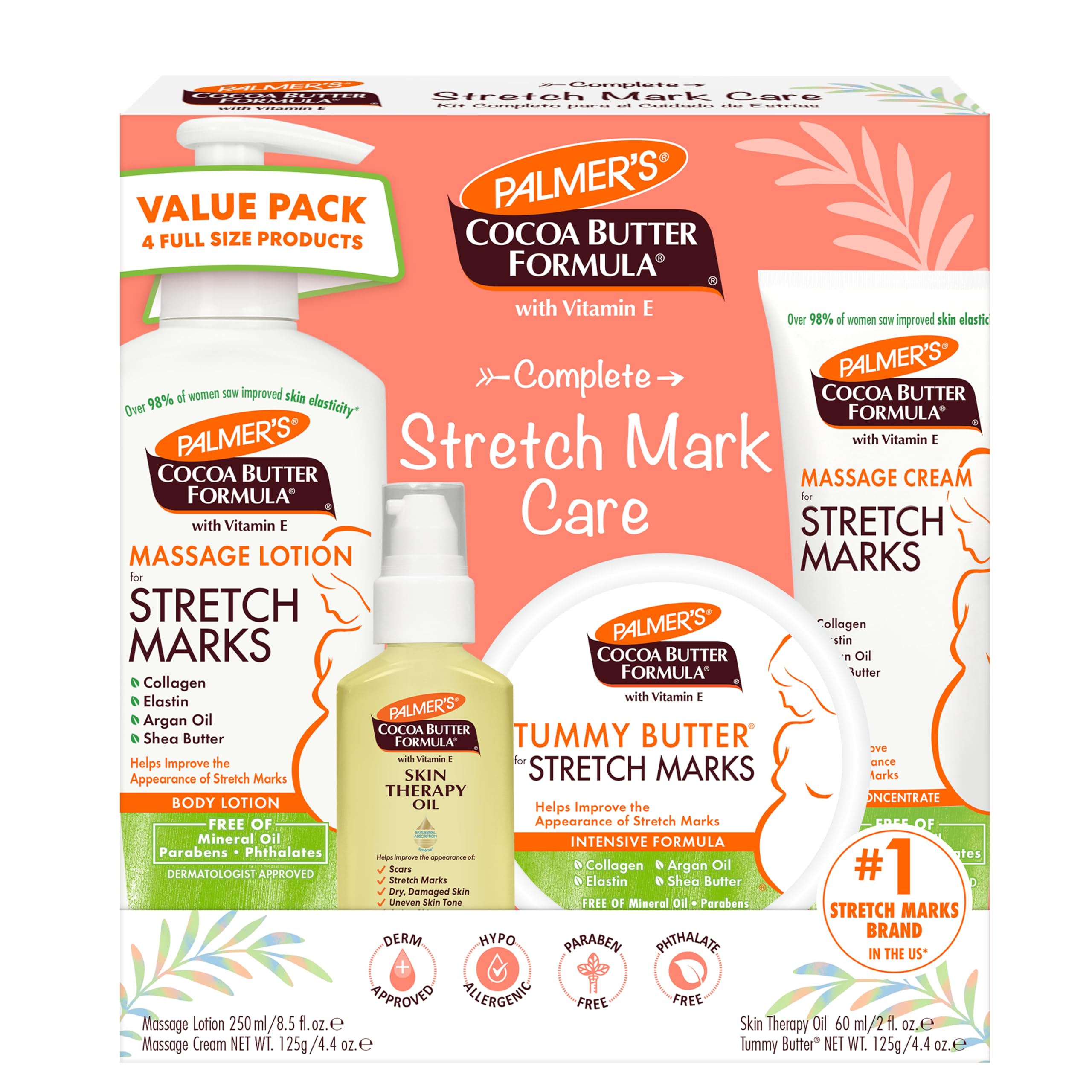 Palmer's kit front packaging showing complete four-piece maternity set and benefits