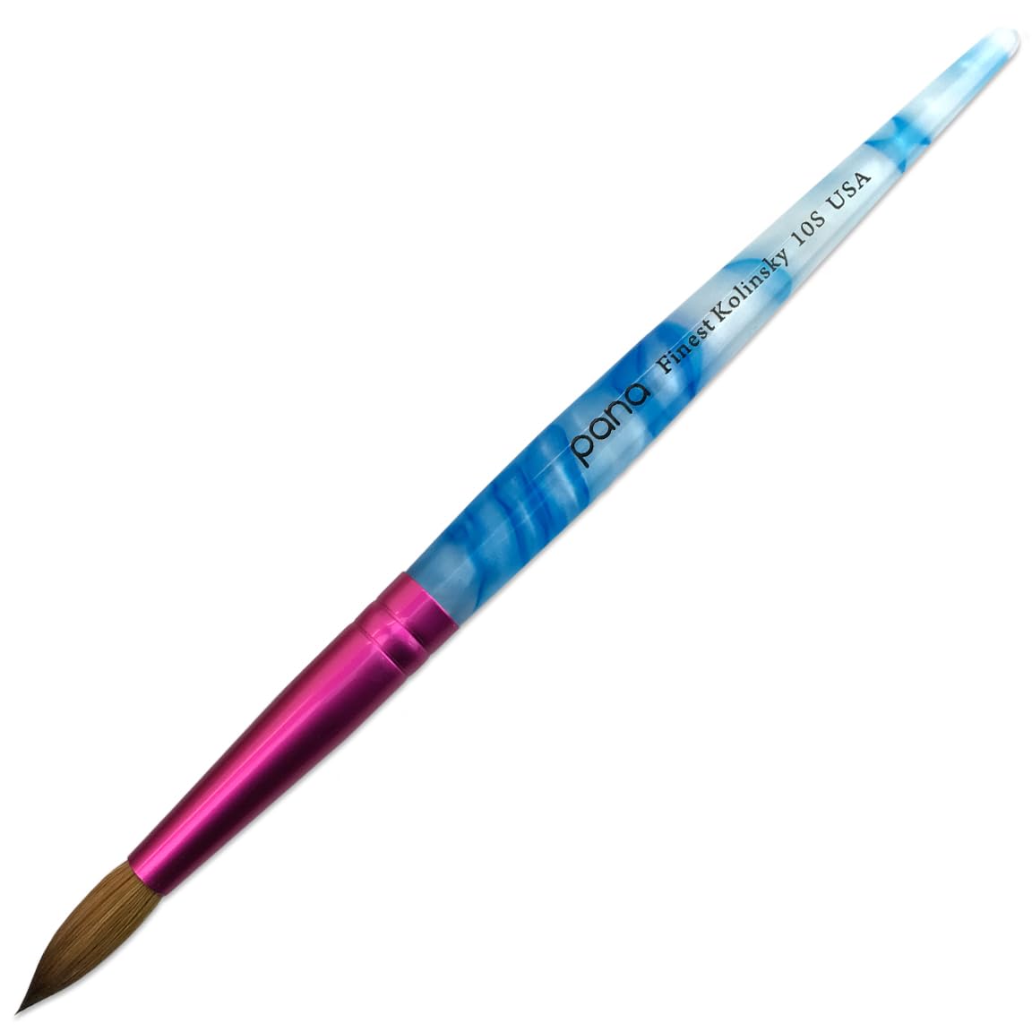 PANA brush front view showing pink ferrule and white swirl blue handle for ergonomic use