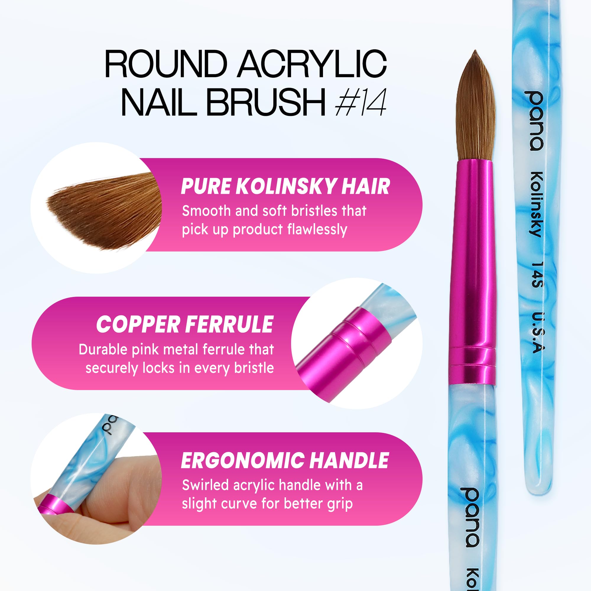 PANA brush white-swirl blue acrylic handle detail for comfortable ergonomic grip