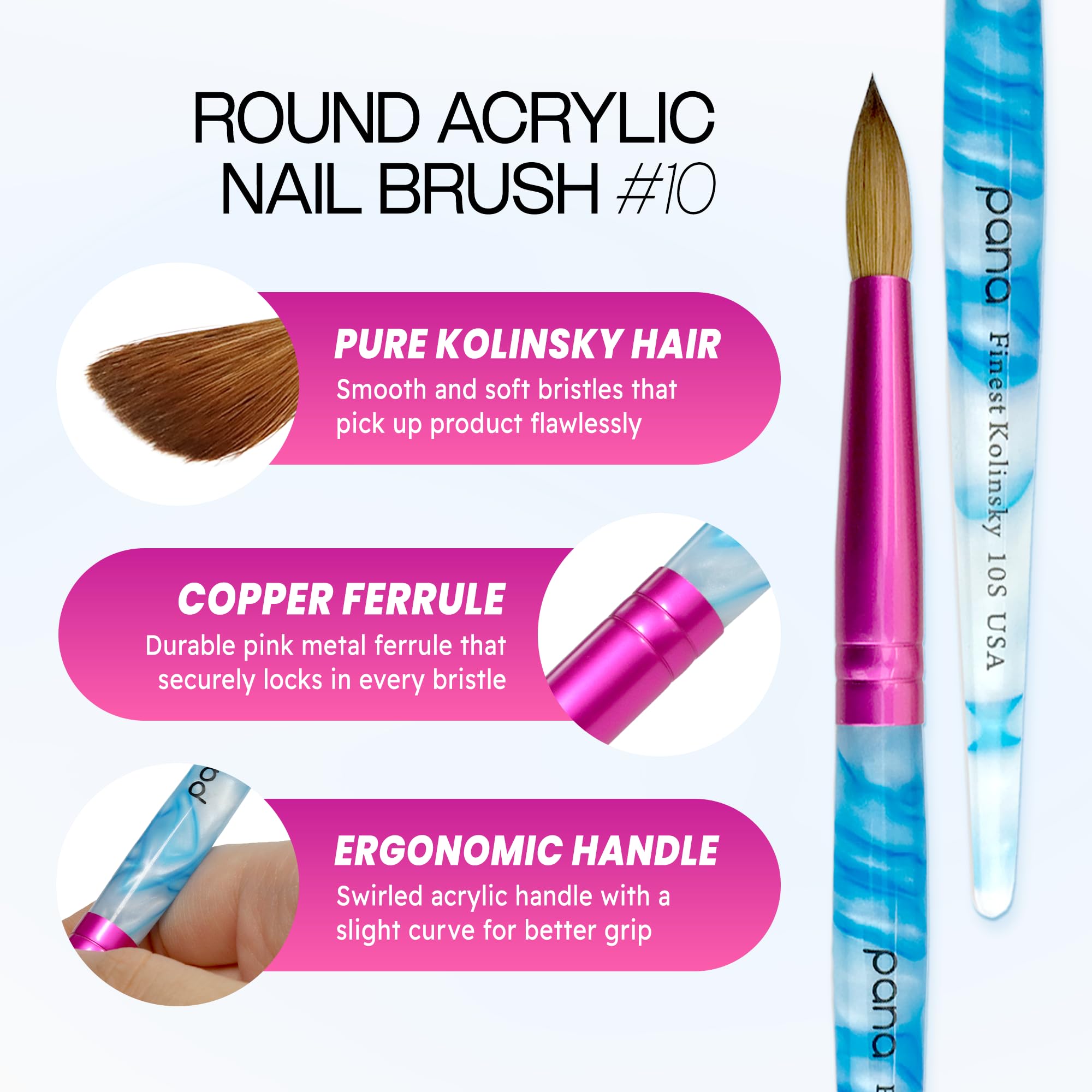 PANA brush tip close-up displaying Kolinsky hair point for precise acrylic control