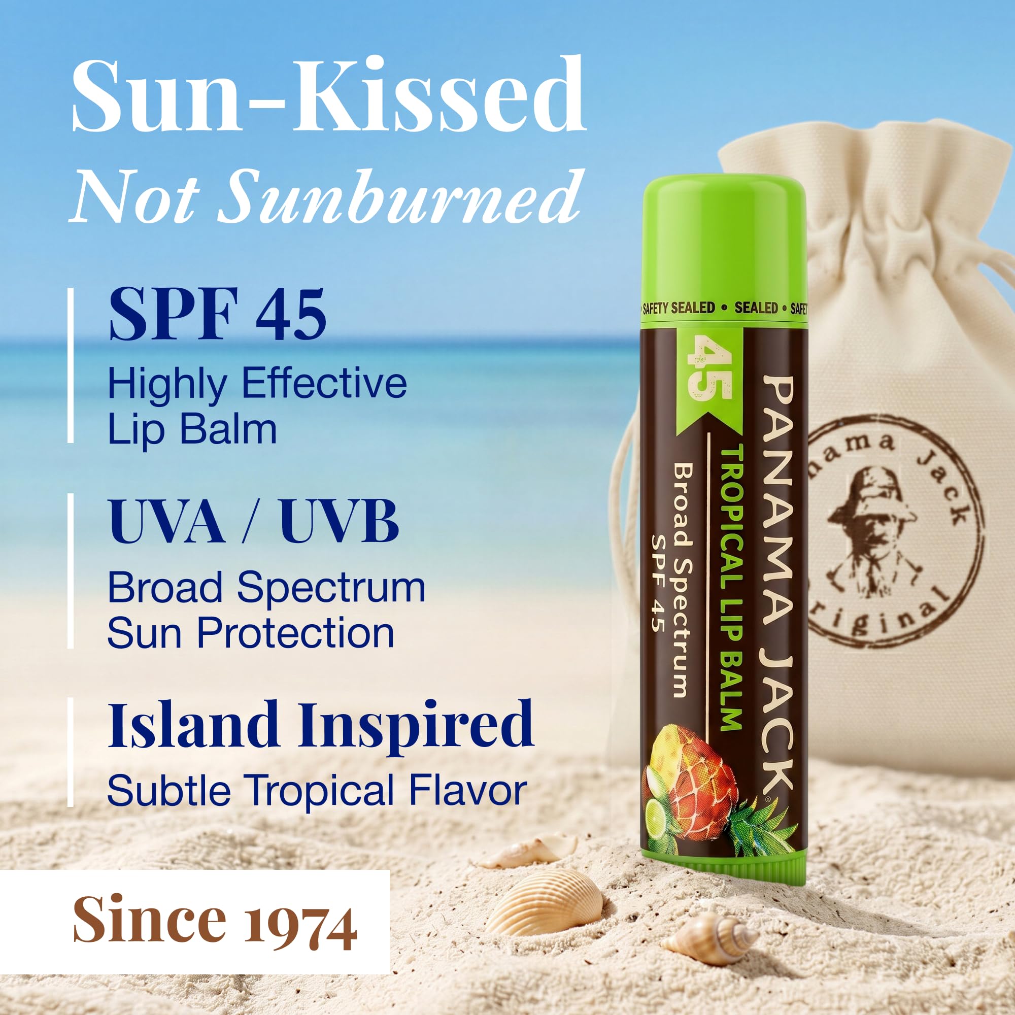 Panama Jack drawstring bag holding four SPF 45 lip balm tubes for organized travel